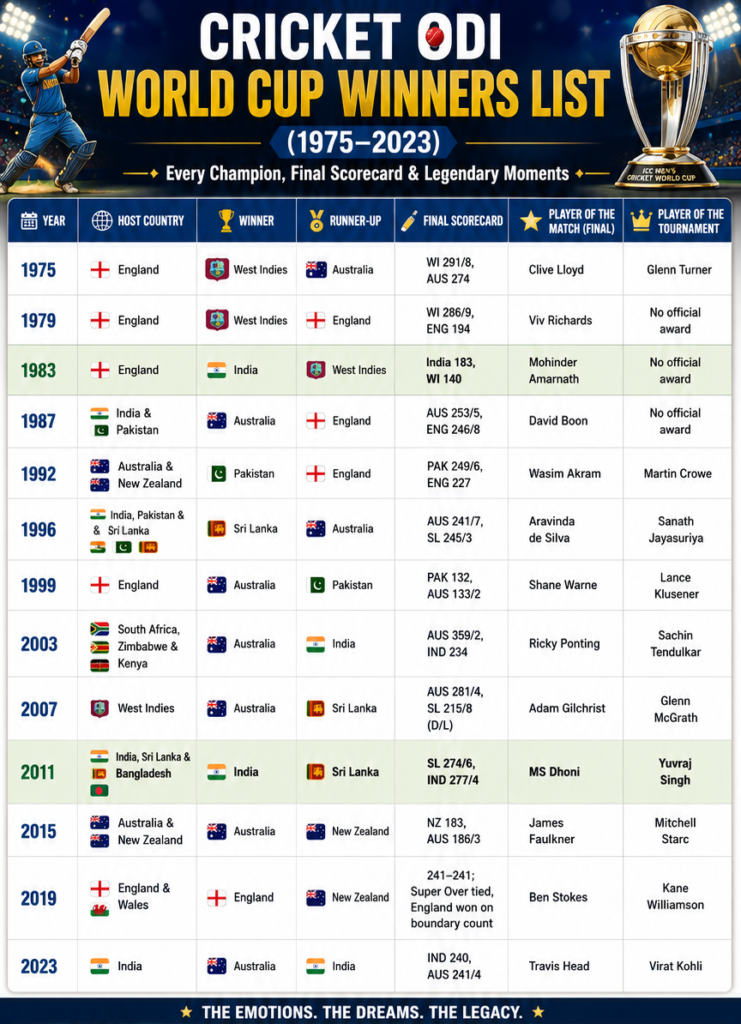 Cricket ODI World Cup Winners List 
